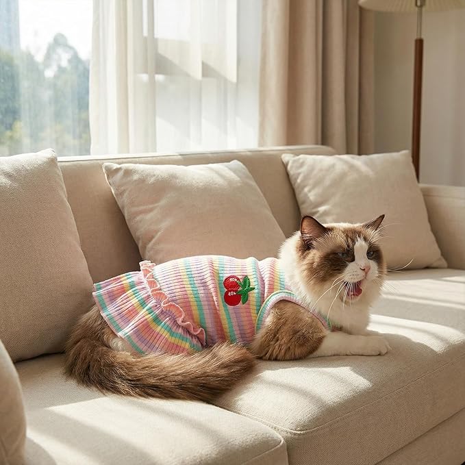 Jmkcoz Cute Striped Dog T Shirts Cherry Puppy Dress Soft Cotton Pet Sleeveless Vest Clothes Spring Summer Pet Outfits for Small Dogs Cats Girl (Pink, Medium)