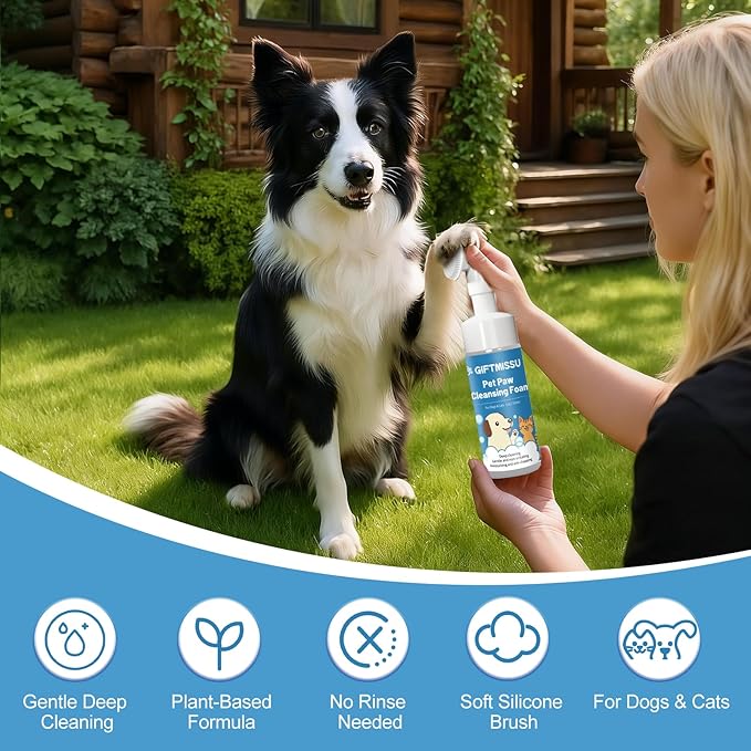 Dog Paw Cleaner Foam for Dogs & Cats, Plant-Based Paw Wash for Dirt and Outdoor Mess, Gentle Pet Paw Cleaner with Soft Brush Head for Easy Dog Foot Cleaning, 5 fl oz