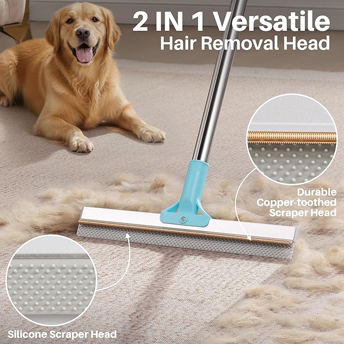 JOYMOOP 2 PCS Pet Hair Remover Set, 63" Adjustable Long Handle Rake and Short Handle Lint Scraper for Carpet, Sofa, Couch and Cloth, Metal & Silicone Fur Cleaning Tools for Cat and Dog