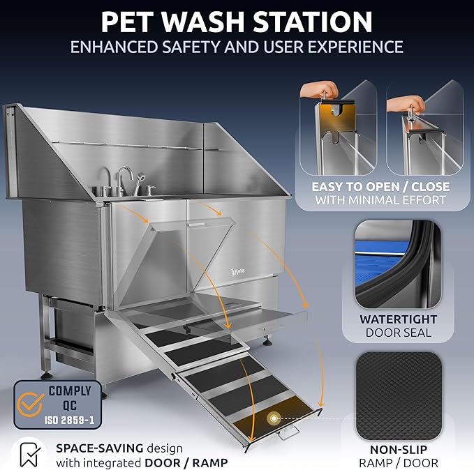 KANIS Professional Dog Washing Station 304 Stainless Steel Pet Wash Sink & Grooming Bathtub w/Shower, Floor Grates and Storage for Large, Medium & Small Pets (Silver, 61 Inches, Left Ramp, 2 Drawers)