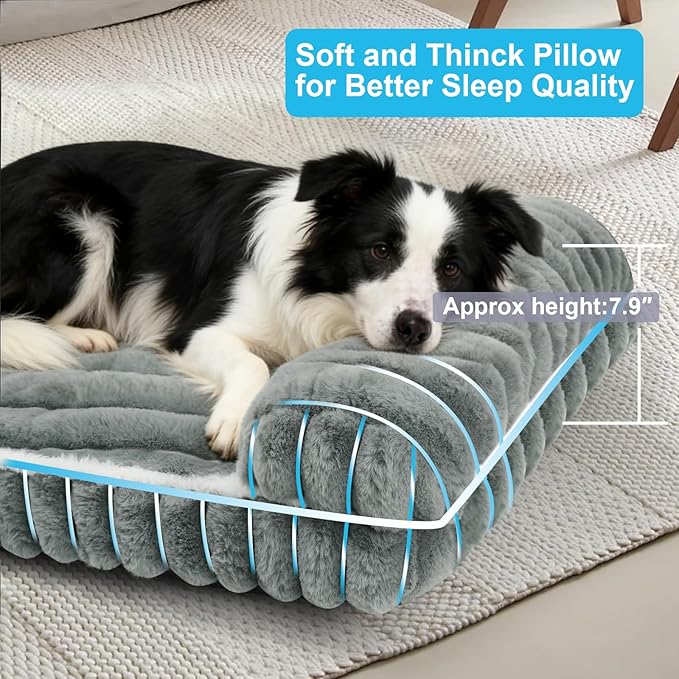 Comfort Dog Beds for Extra Large Dogs,Dog Bed with Removable Washable Cover, Deluxe Plush Dogs Bed for Crate with Pillow, Anti-Slip Pet Mat Mattress for Kennel with Durable Zipper(Grey,XL)