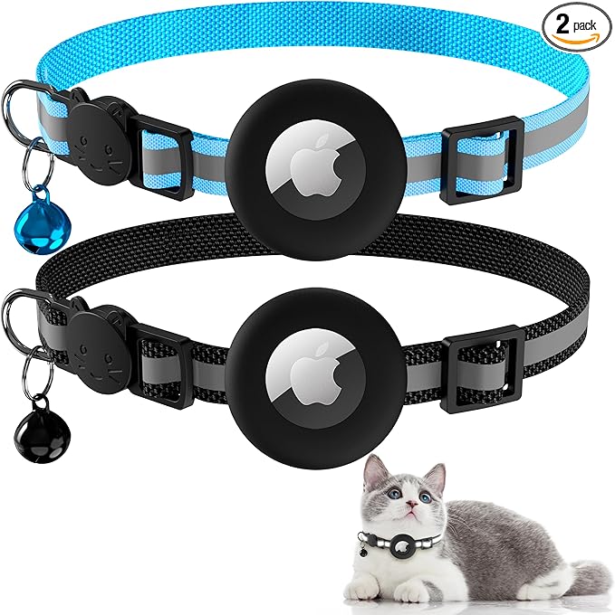 Vanjua 2 Pack Airtag Cat Collar Breakaway with Bell, Reflective Kitten Collar with Air Tag Cat Collar Holder Case for Girl Boy Cats, Pet Supplies Accessories (Black A+Blue A)