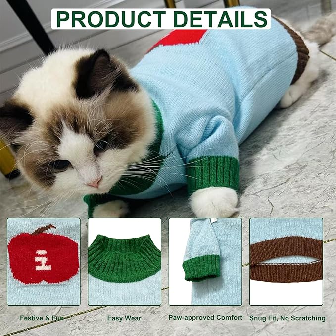 Winter Pet Knit Sweater - Light Blue with Red Fruit Print, Cozy Dog Cat Clothing, XS/S/M/L/XL Sizes (X-Large)
