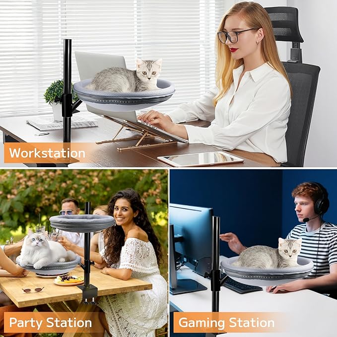 Double Layer Large Cat Desk Bed, 360° Rotating & Adjustable Shelf, 15" Thickening Desk Mounted Cat Bed with 2 Perches Holds Up to 66lbs for Office/Home