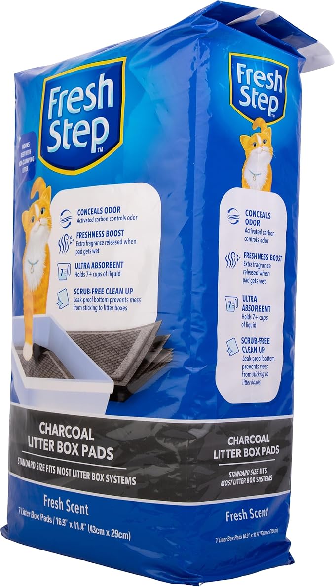 Fresh Step Charcoal Litter Box Pads with Activated Carbon for Odor Control, Ultra-Absorbent with Leak-Proof Bottom for Scrub-Free Cleanup, 16.9 x 11.4 Inches, 7 Count