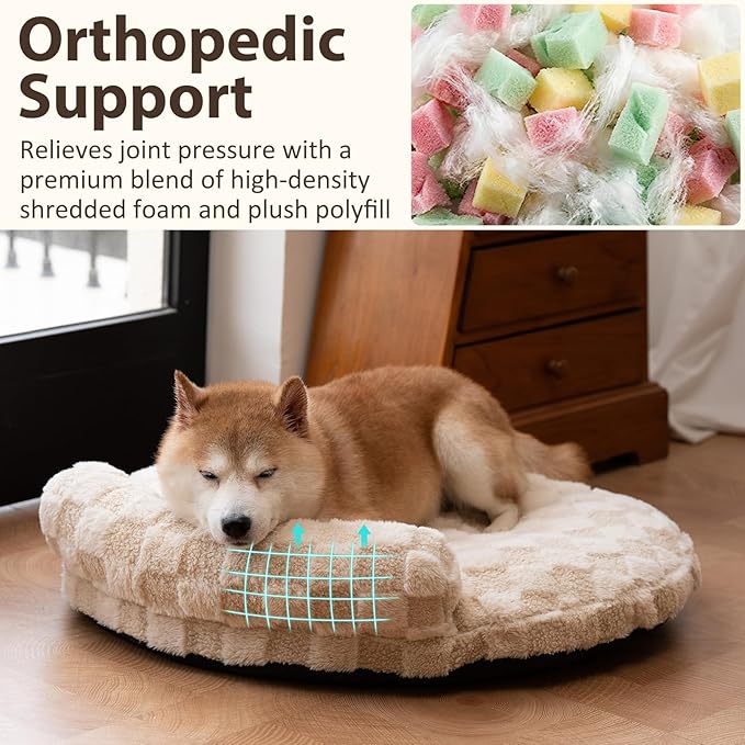 Orthopedic Dog Bed for Medium Small Dogs and Cats Calming Pillow Pet Couch Sofa Puppy Bed with Removable Washable Cover Oval 3D Checkered Plush Pet Furniture 30x25x7 Indoor Beige
