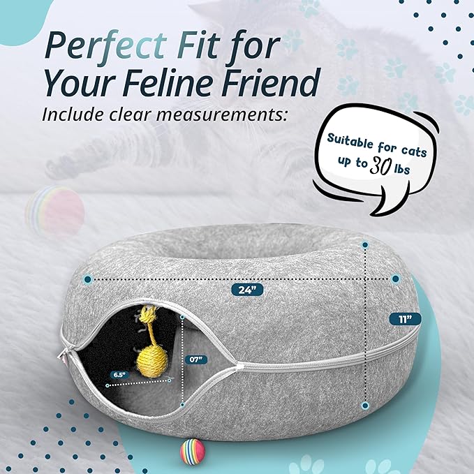MeowMates Peekaboo Cat Cave Donut Bed for Multiple Cats Upto 45lbs, 3-in-1 Large Cat Tunnel & Donut Bed Combo w Round Tunnel Scratcher for Indoor Cats, Hanging Toy, Washable & Detachable - Grey