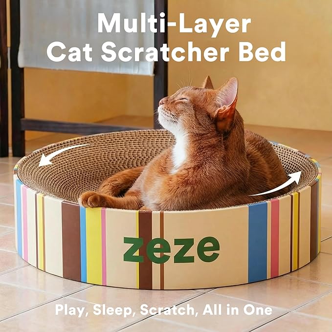 ZEZE Round Cat Scratcher Bed — Durable Corrugated Cardboard Cat Lounge, Scratch & Sleep Bowl Shape Cat Bed, Cozy Curved Design, Minimal Mess, Sturdy Edge Support (Cream Mille-Feuille)