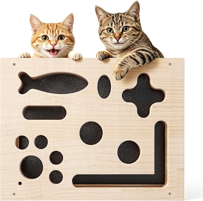 Cat Scratch Puzzle Enrichment Box, Cat Nail File Scratcher Toy Box with Sandpaper Inside, Help Reduce Stress for Trimming Nails, Wooden Claw Care Saver Box for Indoor Cats of All Breeds & Ages