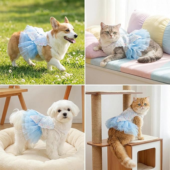 Pet Dog Cat Princess Dress, Fairy Butterfly Tulle Skirt, White Knitted Top with Blue Puffy Bottom, Lace Collar, Embroidered Wings, Puppy Kitten Outfit 8.3-10lbs(Light Blue,M)