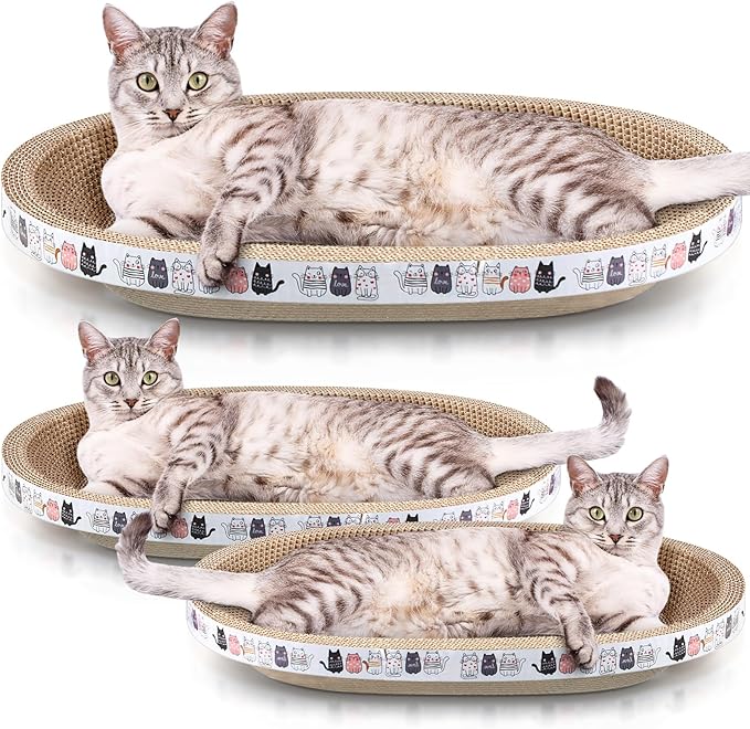 Mixweer 3 Pcs Cat Scratcher Cardboard Large Oval Cat Scratch Pad Board Bed Bowl 2 in 1 Corrugated Lounge Couch Nest for Cats Grinding Claw Furniture Protector Indoor