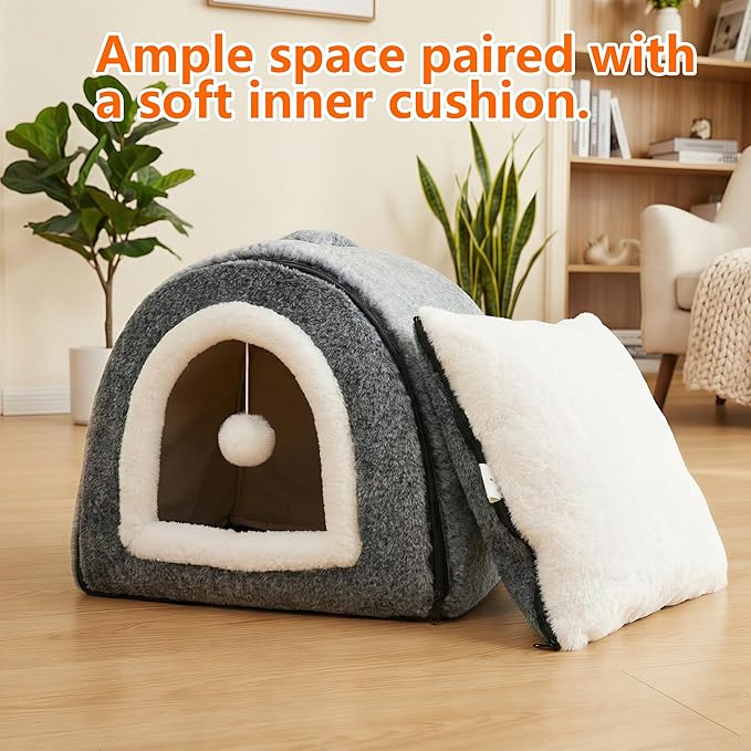 Cat Bed for Indoor Cats,2-in-1 Convertible Cat Bed & Cave,Foldable Washable Cat House,Soft and Thick Removable Inner pad, Anti-Slip Bottom,cat Tent for Kittens,Cats & Small Dogs,Dark Grey