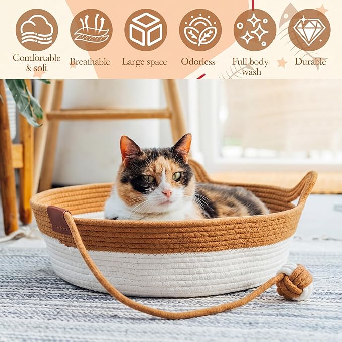 Novabright 2 Pack Handwoven Cat Basket Include 2 Pcs 16.5 x 13.8 x 5.5 Inch Breathable Cat Bed with Tail and 2 Pcs Cooler Mats, Scratchable Basket for Cats, Puppies, Rabbits, and Small Pets