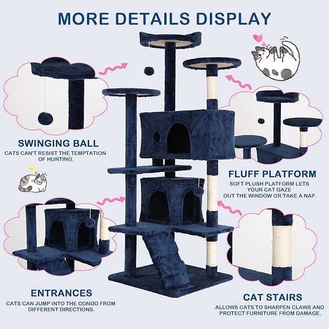 54 Inch Tall Cat Tree Tower: Multi-Level Cat Condo with Scratching Post, Toys & Kitten Rest, Navy Blue