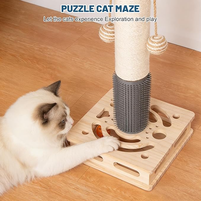 20.5 Inch Cat Scratching Post, 4-in-1 Interactive Maze Base with Cat Self Groomer, Natural Pine Wood & Premium Sisal Scratching Pole, Anti-Slip Detachable Design for Indoor Cats