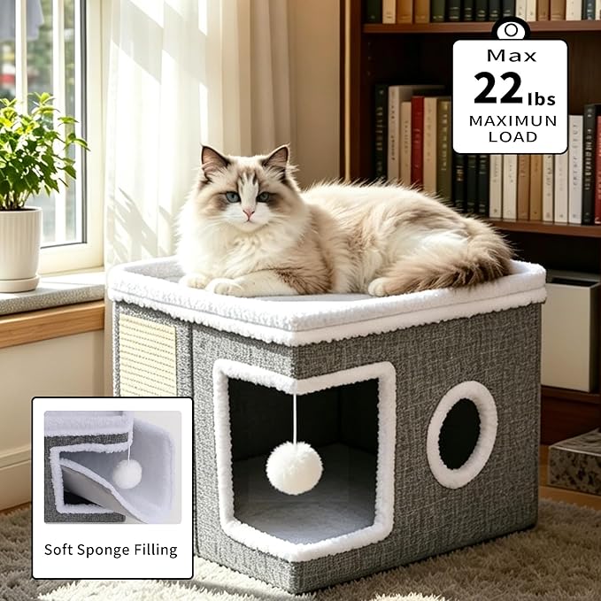 Foldable Cat Cave Bed for Indoor Cats, Cat Hideaway House with Hanging Fluffy Ball & Scratch Pad, Side with Toy Storage and Summer Cooling Mat, 16.14x16.14x12.2 Inches, Grey