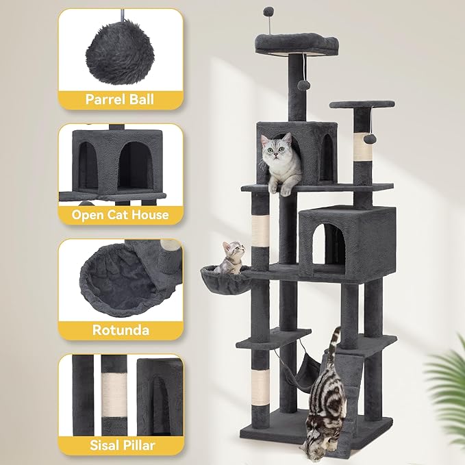 DWVO 75-inch Indoor Cat Tree Tower, Multi-Level Pet Playground, Cat Furniture with Scratch Posts, Hideaway Condos, Soft Perch, Snug Hammock, Climbing Ladder, and Plush Balls for Kittens (Dark Gray)