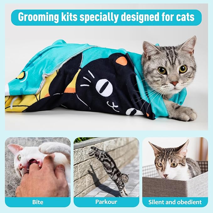 Cat Grooming Wrap35.4"*35.4", Self-Adherent Anti-Scratch Swaddle Restraint, Nail Clipping, Anti-Bite, Anti-Scratch, Anti-Escape Calming Wrap Multifunctional Care Pet Tools XL