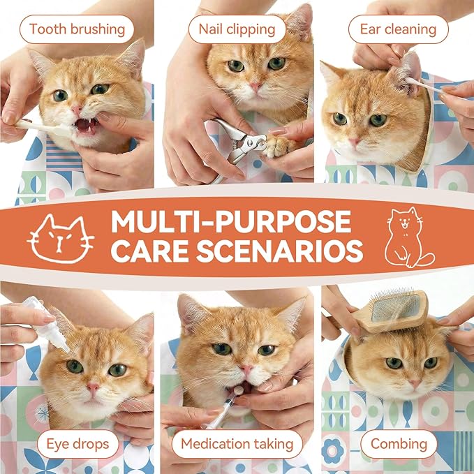 BFNN Cat Grooming Wrap for Cutting Nails, 21.6" Anti-Escape Calming Cat Swaddle Wrap for Medicine, Nail Clipping, Teeth Brushing, Ear Cleaning, Self-Adherent Burrito Restraint, (Geometric Fish, M)