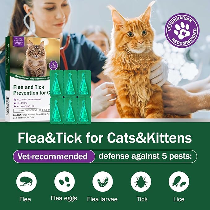 Cat Flea and Tick Prevention & Treatment - Flea and Tick Prevention for Cats, 6-Month Supply, Flea Control, Repellent, Suitable for Cats Over 1.5 lbs, Flea Supplements