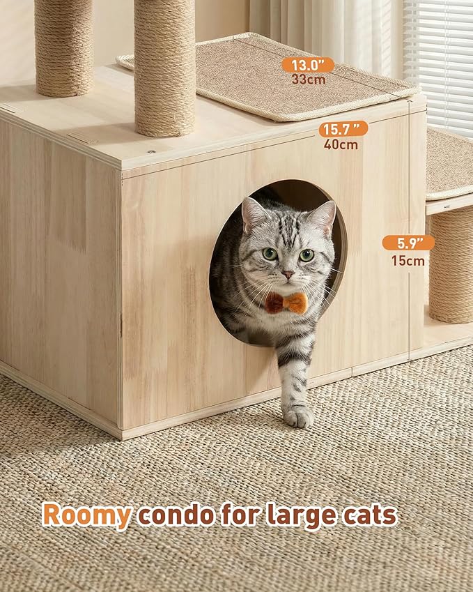 3-in-1 Pet Stairs for Cats, 7.87" Depth Pet Steps for Cat, Wood Cat Stairs for High Bed and Sofa, 1 Condo Cave, Scratching Post, Sturdy Indoor Pet Stairs with Non-Slip Carpet Pads