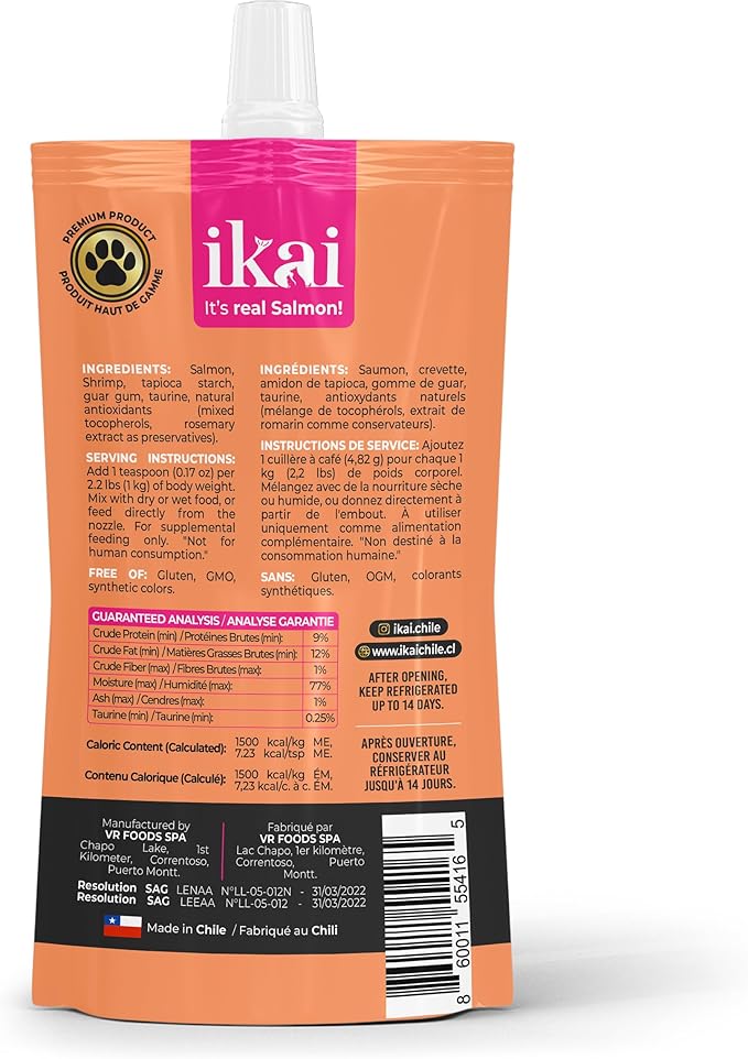 IKAI - Lickable Wet Cat Treats - Patagonian Salmon from Chile, No By-Products, Highly Digestible Protein, with Omega 3 & 6 for Healthy Skin & Glossy Coat - 2.11 oz (1 Pack, Salmon & Shrimp)