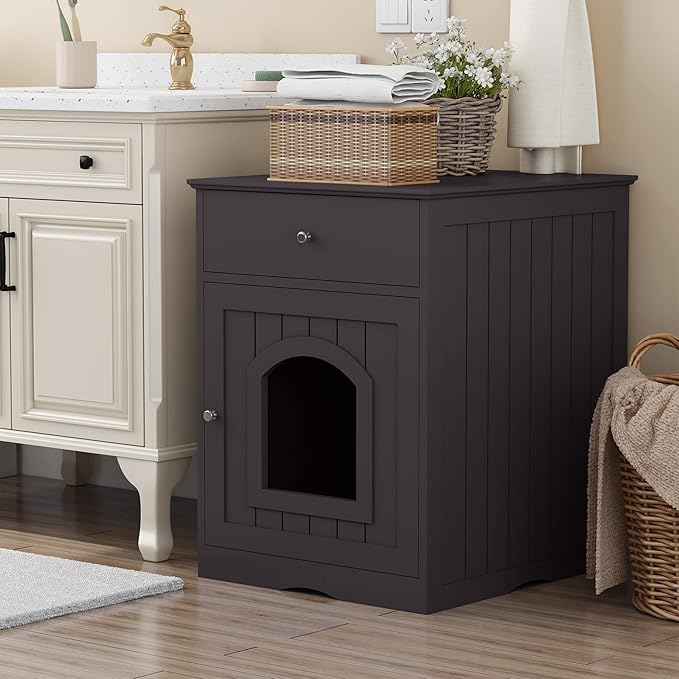 Wooden Cat Litter Box Cabinet with Drawer Hidden Pet House, Sofa Side Table, Indoor Pet Cage Storage Cabinet, Cat Hidden Cave Furniture for Living Room, Bedroom (Brown, 25 inches)