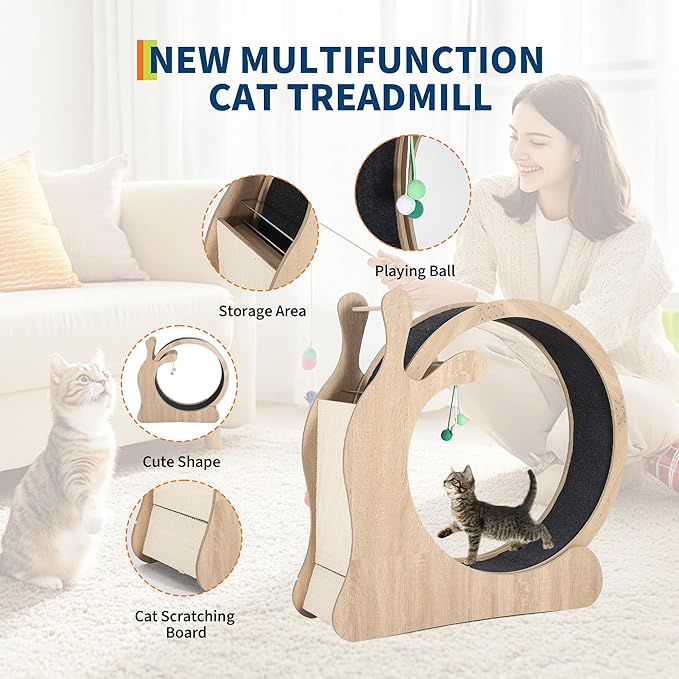 Cat Wheel Exerciser for Indoor Cats, 41'' Large 3-in-1 Cat Treadmill with Scratching Board and Play Balls, Quiet Cats Running Wheel for Kitty Fitness Wood Color