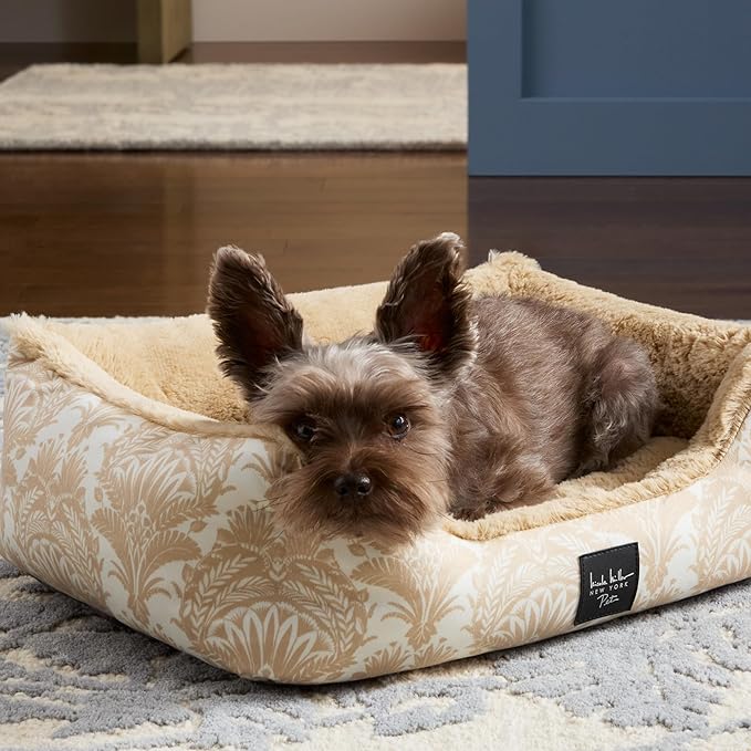 Nicole Miller New York PET Mod Damask Plushy Bolster Pet Bed, Cozy & Calming, Non-Slip Bottom, Machine Washable Cover, Taupe, Small 24"x19"x7"