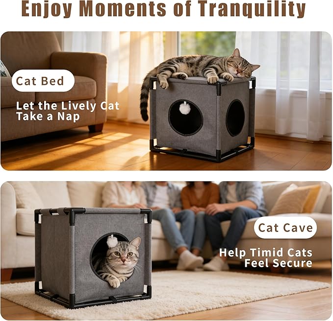 2-Story Cat House for Indoor Cats - Large Cat Cave Bed with Soft Velvet Pad and Fluffy Ball，Stable and Easy to Assemble Kitty Fort, Muti-Functional Cat Condo， Grey