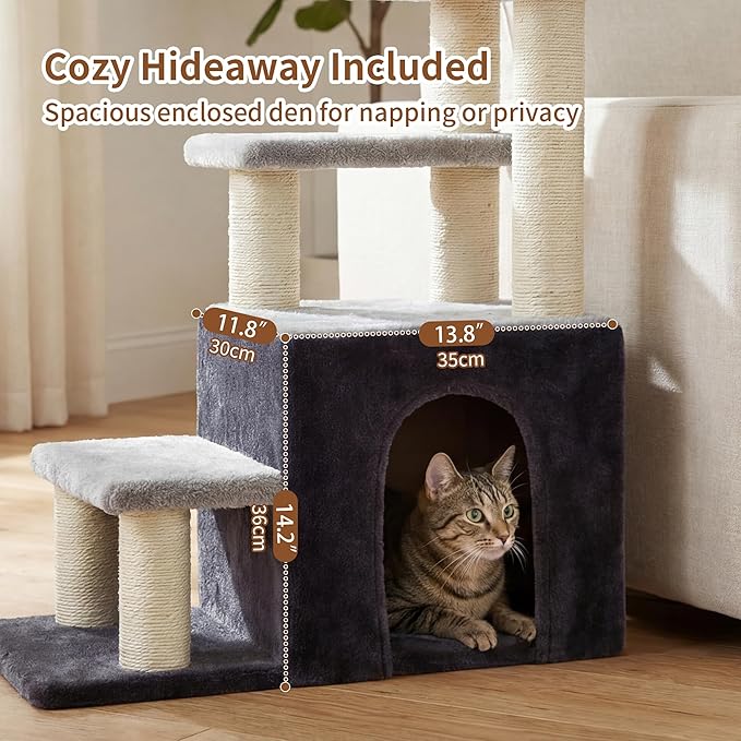 Heybly Pet Stairs for Cats, 29.5 inch High Dog Steps for Small Doggie Rabbits, 9.8''Depth Cat Stairs, Indoor Cat Ladders for High Bed for Pet's Joints, 1 Condo Cave, 6 Sisal Scratcher HSP002SGW