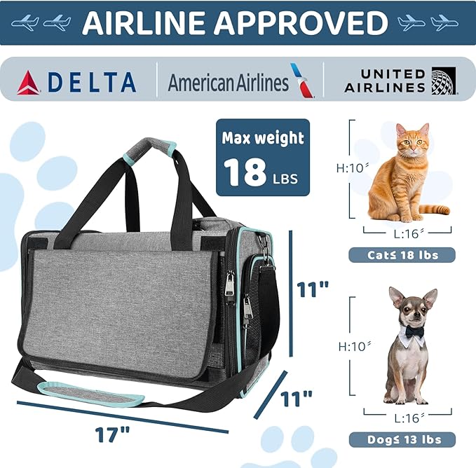 GAPZER Cat Carrier American, United, Delta Airline Approved/Soft-Sided Pet Travel Bag for Medium Cat 15+ lbs Small Dog Traveling Crate Under 15 Pounds TSA Approved Carrying Cage Underseat Cabin Gray