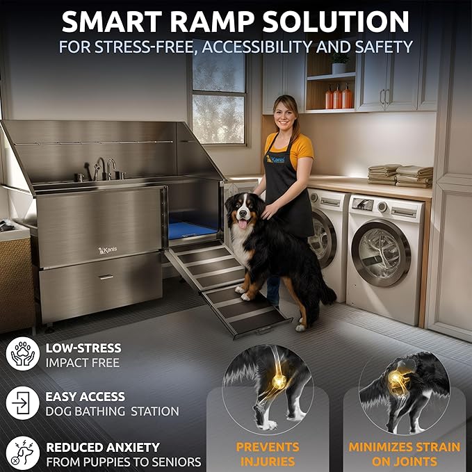 KANIS Professional Dog Washing Station 304 Stainless Steel Pet Wash Sink & Grooming Bathtub w/Shower, Floor Grates and Storage for Large, Medium & Small Pets (Silver, 61 Inches, Right Ramp, 1 Drawer)