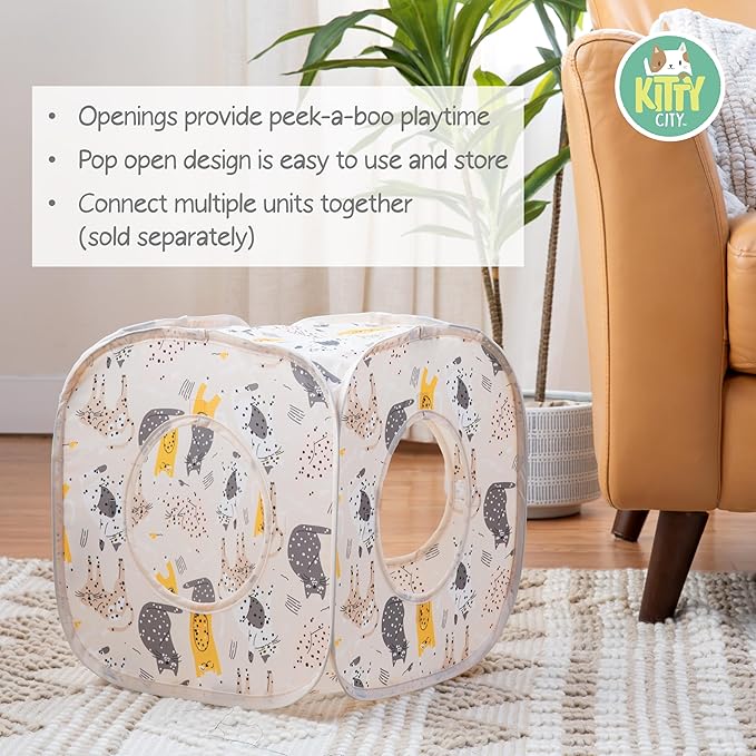 Kitty City Light Pink Cat-Themed Cat Play Furniture Set, Collapsible Pop-Up Cat Toys Combo with Cube, Tunnel & House, Indoor Cat Playground for Play, Hiding & Lounging