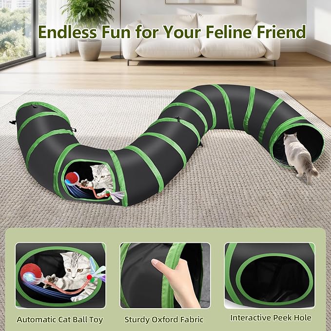 Interactive Cat Toy Ball Fast Rolling in Collapsible Cat Tunnel - 3 Speed Motion Activated, Auto Standby, Hide & Seek Hunting Toy for Indoor Cats & Kittens, USB Rechargeable, Boredom & Anxiety Relief