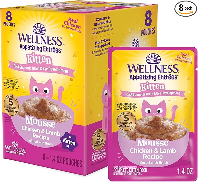 Wellness Appetizing Entrées Mousse Kitten Wet Cat Food, Natural, Protein Rich, Grain Free, Chicken and Lamb Recipe, 1.4 oz, Pack of 8 Pouches
