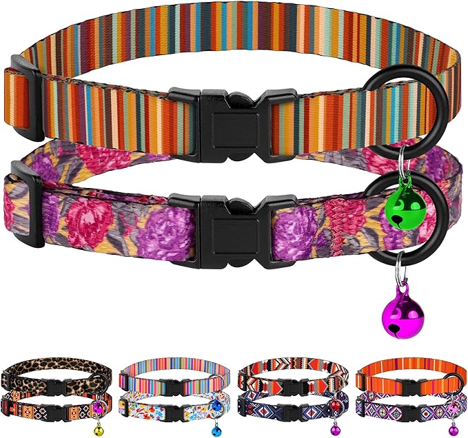2 Pack Cat Collars with Bell - Breakaway Soft Collar for Girl & Boy Cats, Adjustable Safety Cute Kitten Collars – Comfortable Stylish Patterned Print Design Lightweight (Colorful + Flowers)