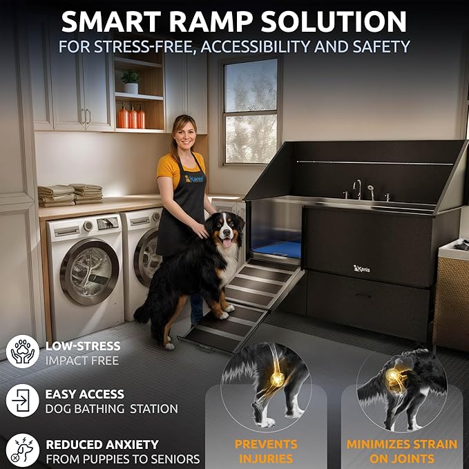 KANIS Professional Dog Washing Station 304 Stainless Steel Pet Wash Sink & Grooming Bathtub w/Shower, Floor Grates and Storage for Large, Medium & Small Pets (Black, 61 Inches, Left Ramp, 2 Drawers)
