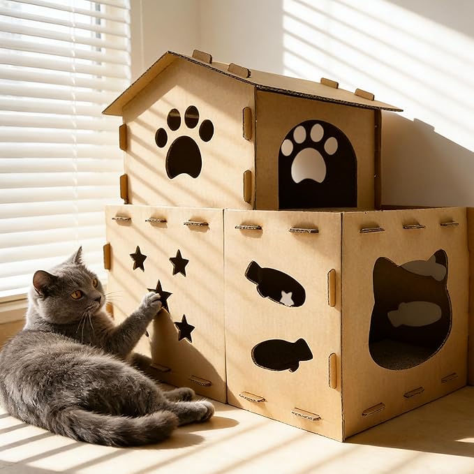 Cardboard Cat Scratcher House, Modular Cat Condo - 25" Large 2-in-1 Double Layer Cat Play Villa with Built-in Scratching Surface for Indoor Cats - Final Clearance, Limited Stock Left!