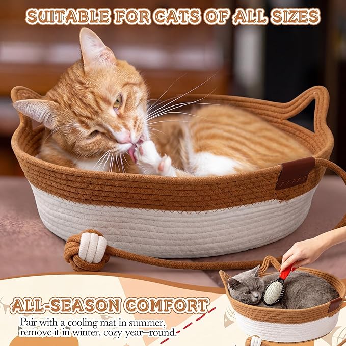 Novabright 2 Pack Handwoven Cat Basket Include 2 Pcs 16.5 x 13.8 x 5.5 Inch Breathable Cat Bed with Tail and 2 Pcs Cooler Mats, Scratchable Basket for Cats, Puppies, Rabbits, and Small Pets