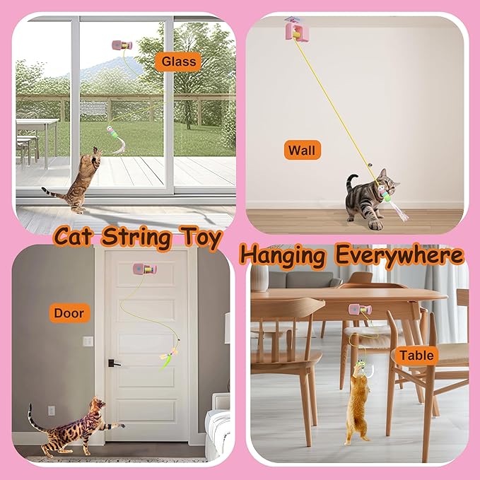 Automatic Electric Hanging Cat Toy for Indoor Cats, Motion Sensor Doorway Cat Teaser with Retractable Rope, 3 Replacement Feathers, USB Rechargeable, Pink