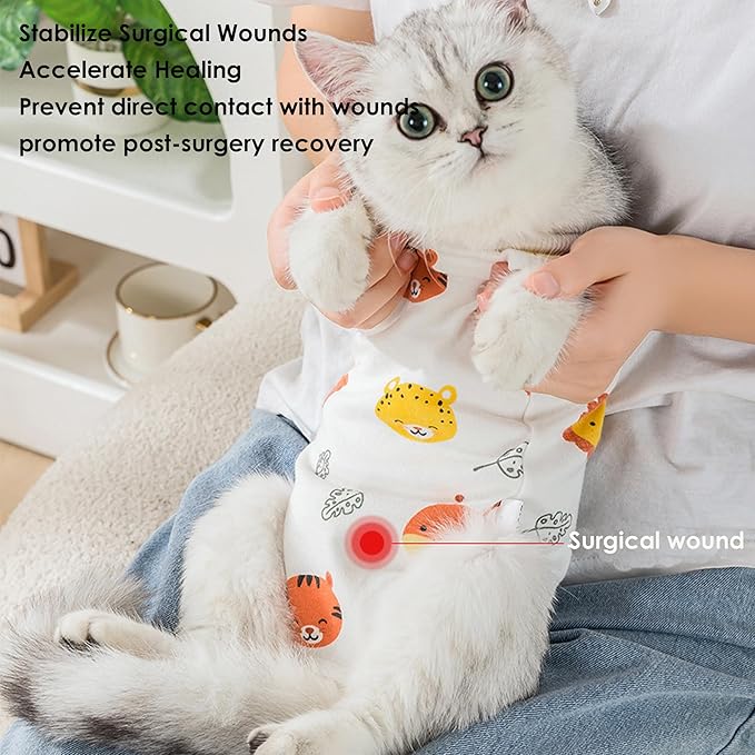 Cat Recovery Suit for Spay & Surgery – Breathable Anti-Lick Cone Alternative Onesie, Adjustable Velcro (White, S)