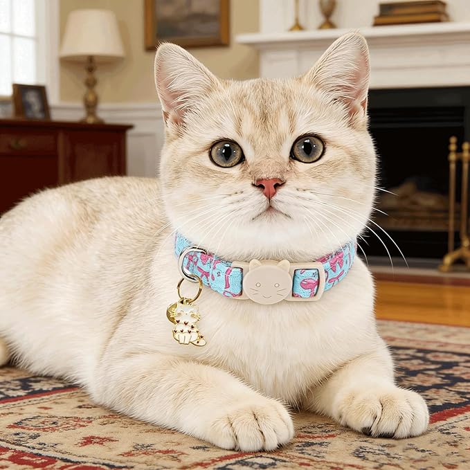Elegant little tail 2 Pack Cat Collar- Spring Print Cotton Breakaway Cat Collars with Bell Pendant Kitten for Girl Safety Adjustable Collar for Small Cats Puppy