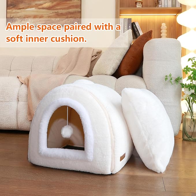 Cat Bed for Indoor Cats,2-in-1 Convertible Cat Bed & Cave,Foldable Washable Cat House,Soft and Thick Removable Inner pad, Anti-Slip Bottom,cat Tent for Kittens,Cats & Small Dogs,Cream