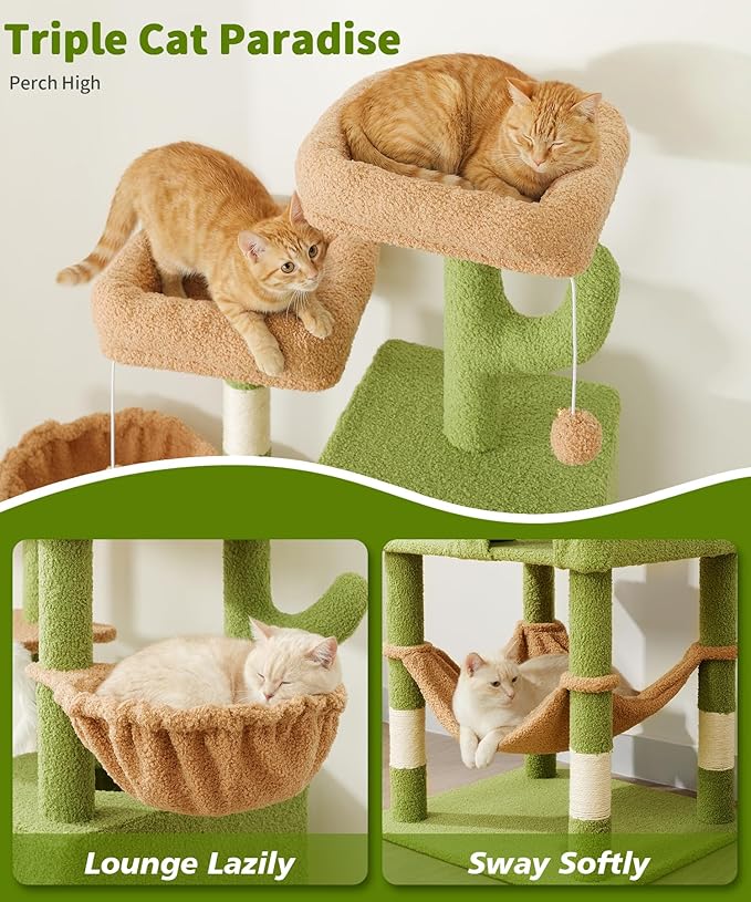AMHANCIBLE Cactus Cat Tree, 70 Inch Tall Cat Tower for Indoor Cats, Multi-Level Cat Tree with Scratching Post, Hammock, Hanging Basket, Large Cat Condos for Adult Cats Kittens, Green, PT18GR