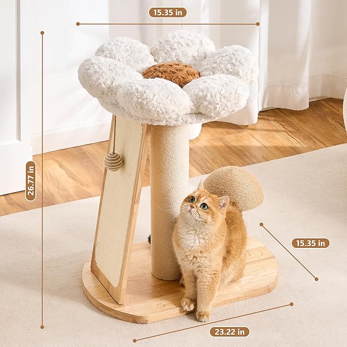 HITTITE Solid Wood Cat Tree Tower, Cat Scratching Post with Bed, 27" Small Flower Cat Tree, Compact Cat Tower with Scratching Pad and Cat Bed, Mushroom Modern Cat Tower for Indoor Cats Large Adult.