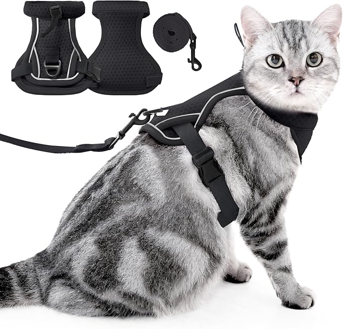 JOHNBOLIN Cat Harness and Leash Set - Escape Proof, Adjustable Breathable Vest Harnesses with Reflective Strips, Easy Control & Secure Walking for Small Medium Large Cats Kitten Collar (Black, Small)