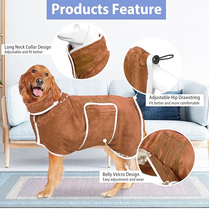 Dog Bathrobe Towel Dog Drying Coat - Super Absorbent Towels Bath Robe for Dogs Large, Soft Adjustable Collar & Belly Strap Fast Drying Coat Pet Cat Bath Robe (Brown, Large)