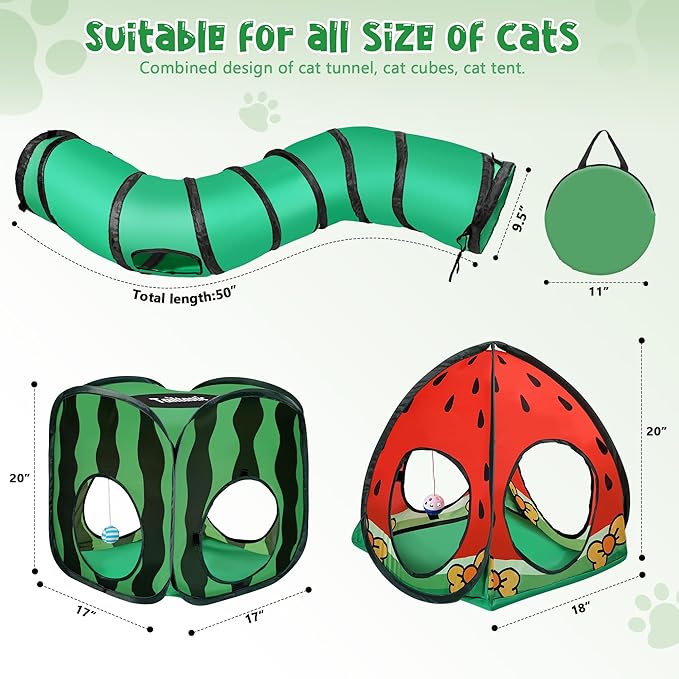 Tailtastic 3-in-1 Watermelon Cat Play Tunnel with Pop-Up Cube & Triangle Cat Tent, Interactive Toy Ball & Foldable Design - Easy Magic Tape Assembly Tunnels for Indoor Cats