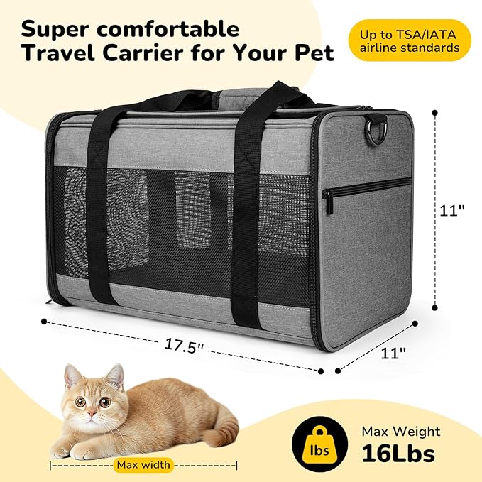 Hipubby Cat Carrier Dog Carrier for Pets Up to 16 Lbs, Soft-Sided Pet Travel Carrier for Cats and Small Dogs, Airline Approved Pet Carrying Case with Shoulder Strap & Removable Mat - Grey